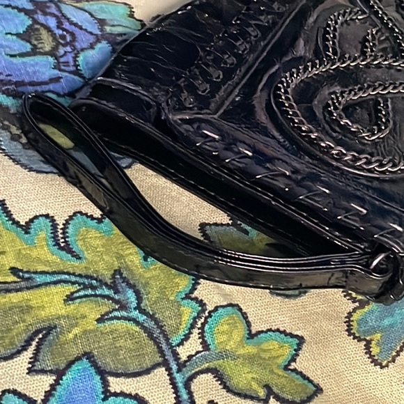 LikeNew Giannini Black Faux Patent Leather Clutch Purse Chain Embellished - Picture 9 of 11